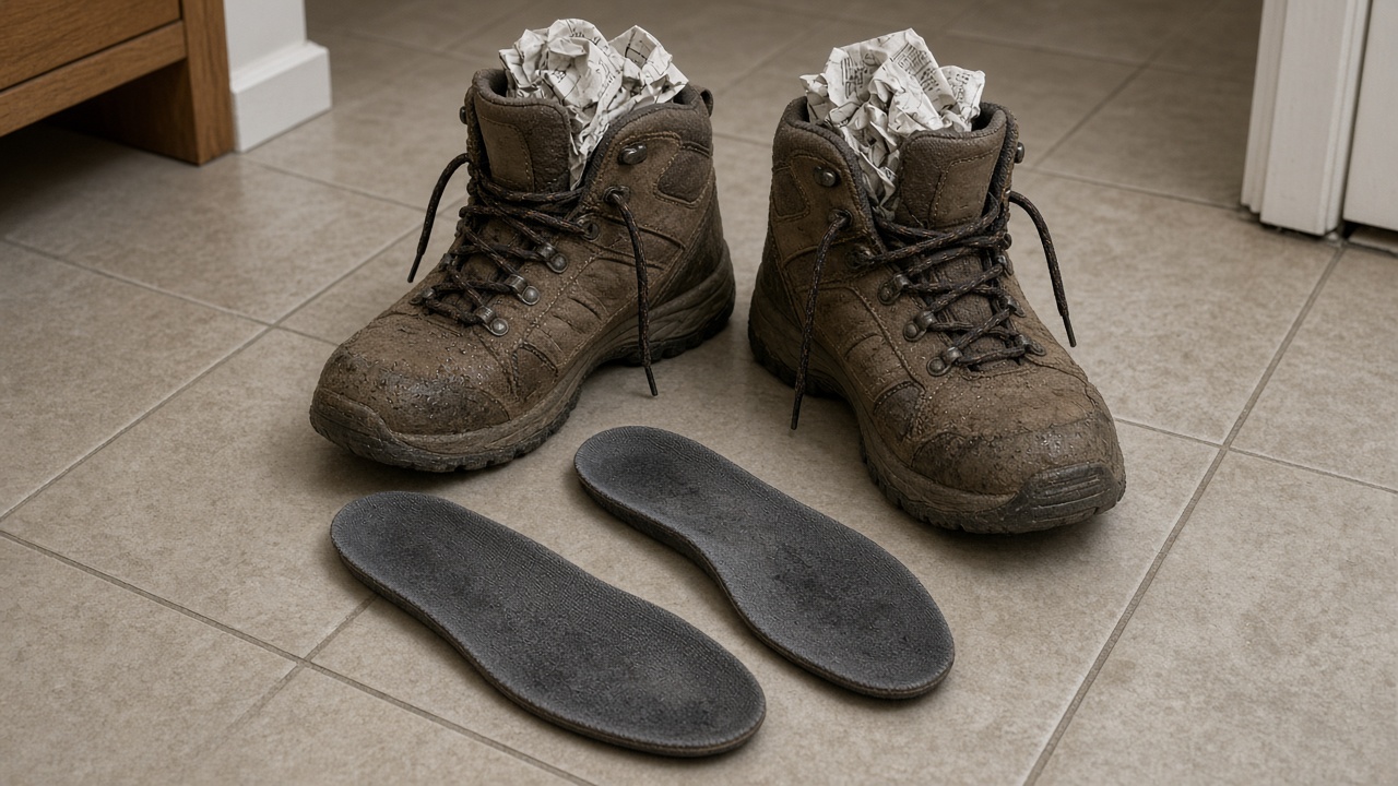 Nasse Wanderschuhe richtig trocknen Nasse Wanderschuhe mit Zeitungspapier ausgestopft trocknen bei Raumtemperatur