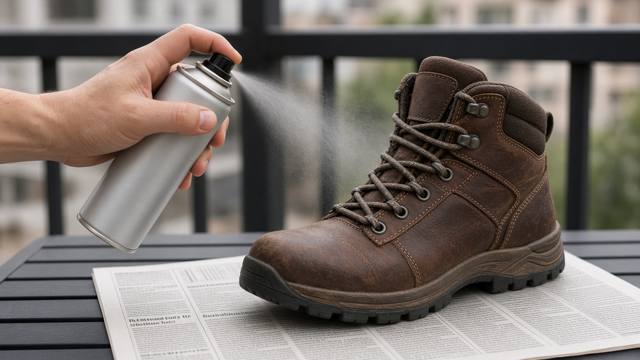 Wasserdichte Wanderschuhe imprägnieren Wanderschuh aus Leder wird mit Imprägnierspray behandelt