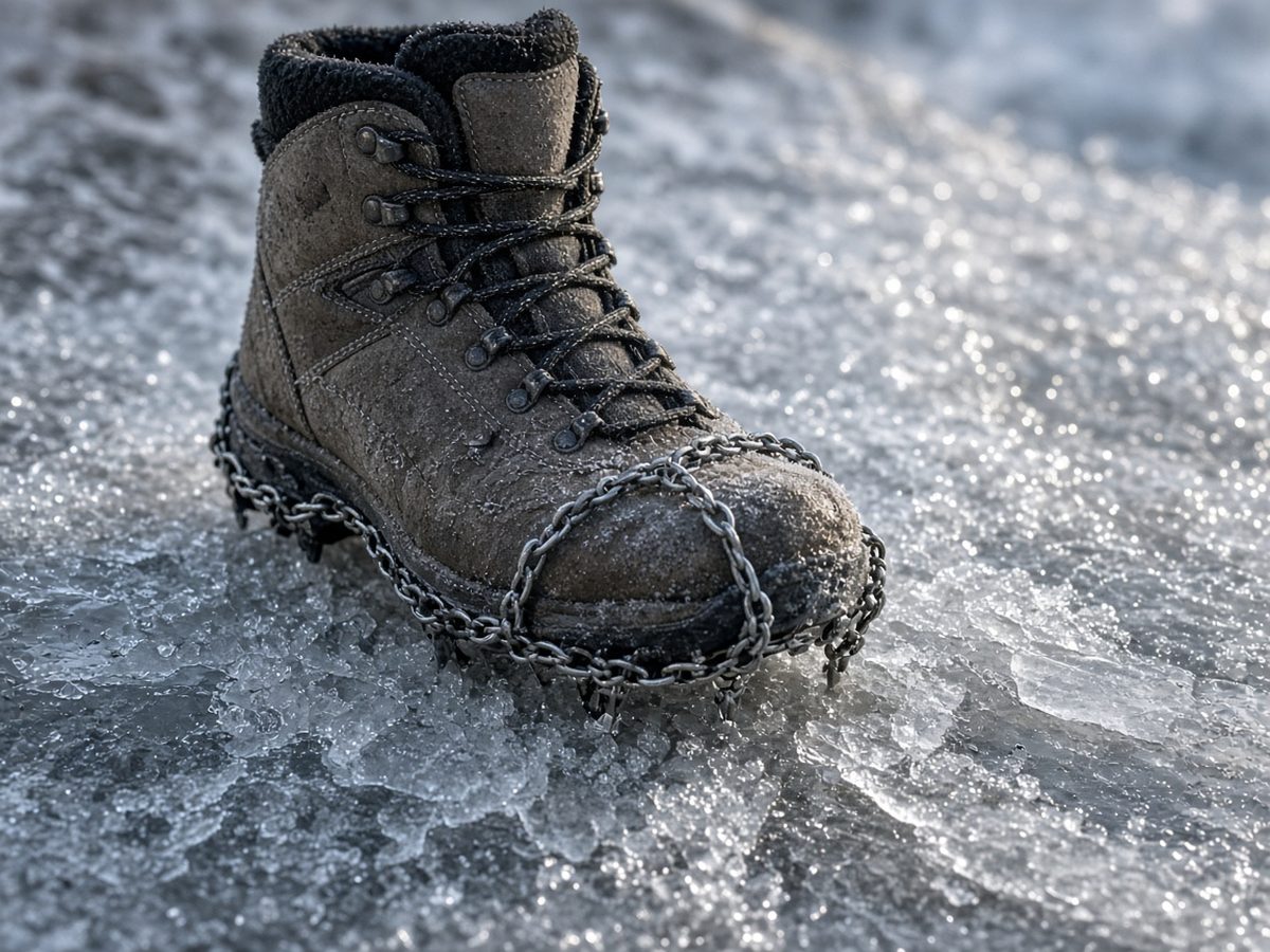 Grödel am Wanderschuh auf Eis Wanderschuh mit angelegten Grödeln auf einem vereisten Weg