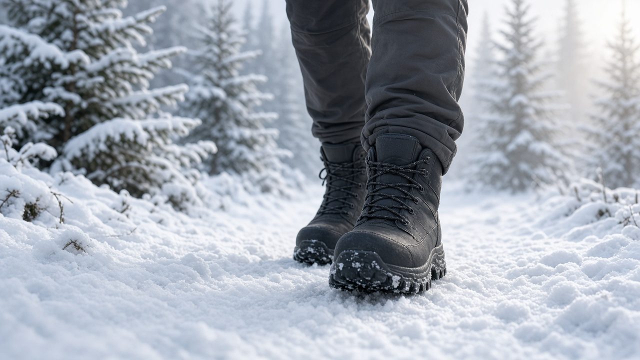 Winter-Wanderschuhe für Herren im Schnee Winter-Wanderschuhe für Herren auf einem verschneiten Waldweg