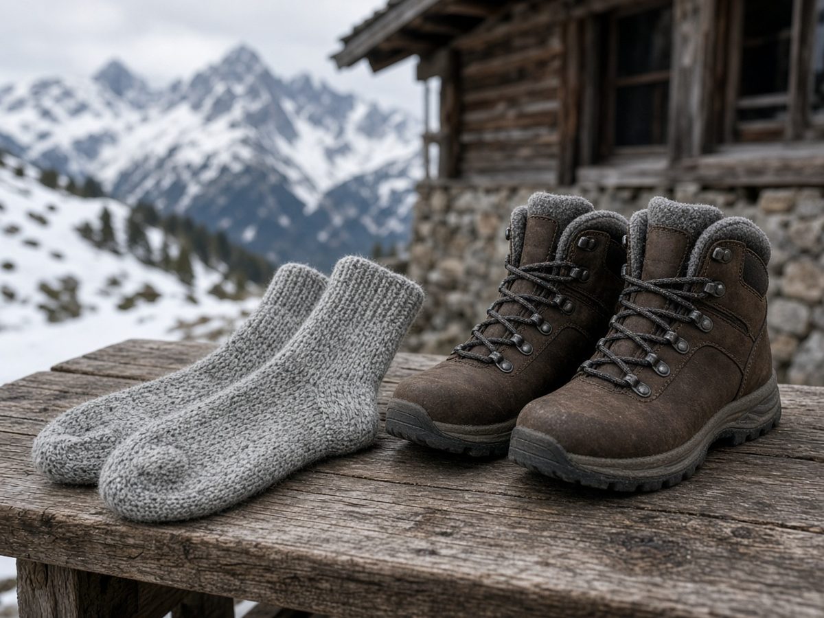 Merinosocken gegen kalte Füße beim Winterwandern Merinosocken und Winter-Wanderschuhe für Damen liegen auf einer Holzbank