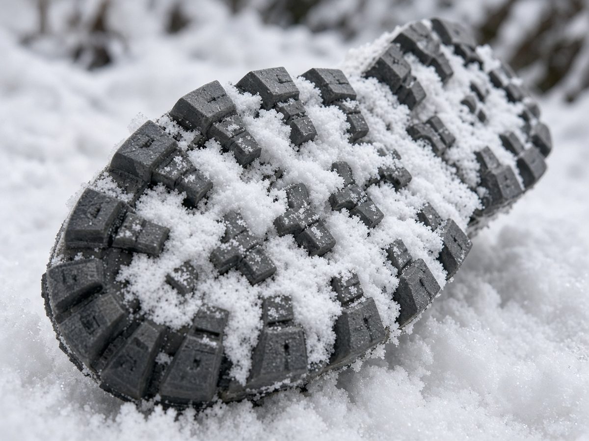 Sohle eines Winter-Wanderschuhs mit Grip im Schnee Profilsohle eines Winter-Wanderschuhs mit Schneeresten von unten